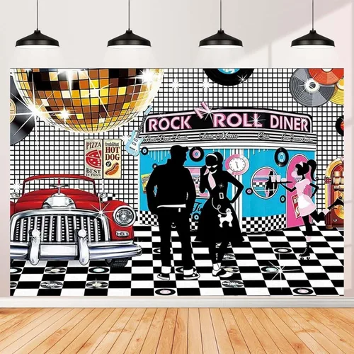 Vista 8 de Telón de fondo de fotos de estilo retro disco – Rollo de rock de los años 50, baile de graduación, cumpleaños, comedor, decoración de fiesta