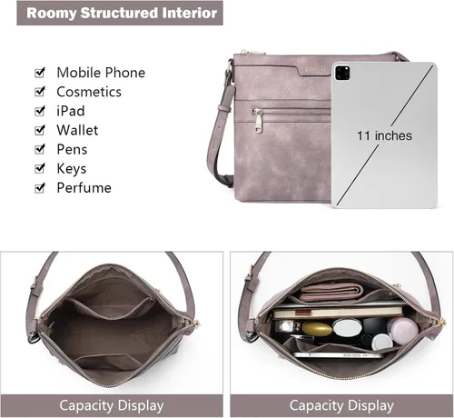 Vista 3 de CHOLISS Bolsos cruzados grandes para mujer, monederos de tamaño mediano para mujer con cuero vegano, Púrpura, Bolsos cruzados para mujer