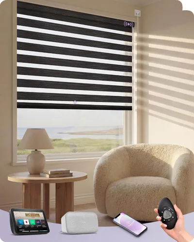 Vista 18 de Graywind Persianas motorizadas de cebra para ventanas, persianas inteligentes 100 % opacas con control remoto, persianas de cebra personalizadas