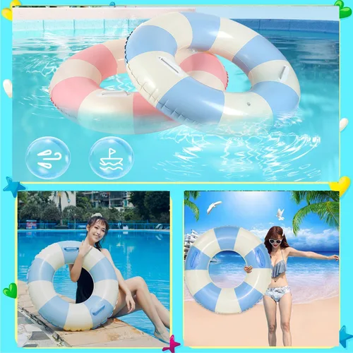 Vista 7 de Flotadores inflables de piscina para adultos, paquete de 2 flotadores a rayas, tubos de piscina, anillos de natación con asas, flotador inflable