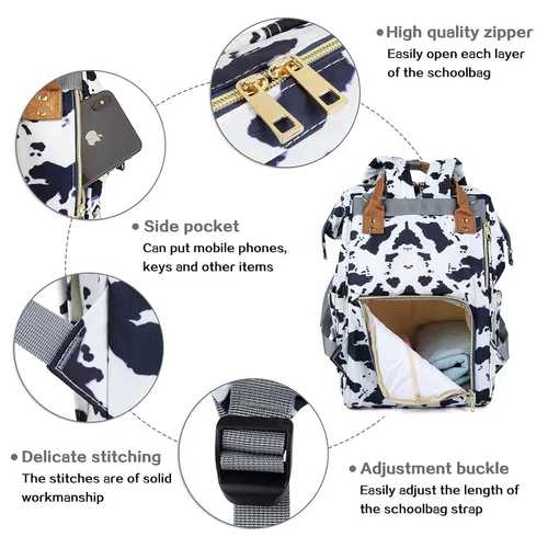 Vista 4 de Mochila para pañales, bolsa impermeable para el cuidado del bebé, bolsa cambiadora de pañales para bebé de viaje (vaca)
