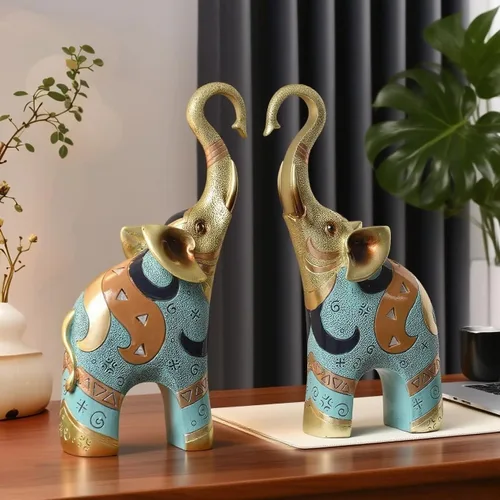 Vista 5 de Decoración de estatuas de elefante dorado, figura de buena suerte para decoración del hogar, esculturas y estatuas de arte de resina, regalos