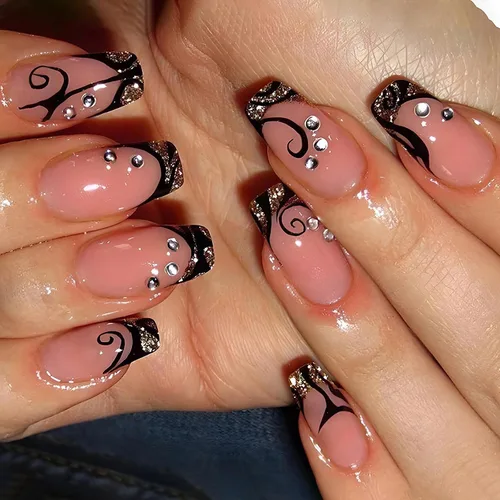 Vista 22 de MISUD - Uñas postizas largas con forma de ataúd, con diseño gótico de vampiro en negro y rojo, acrílico, 24 piezas