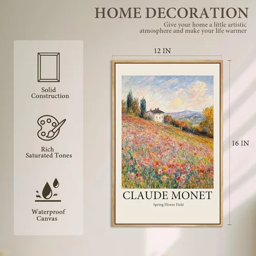 Vista 2 de Eliko Claude Monet - Lienzo enmarcado para pared, pintura de molinos de viento y flores, arte de pared enmarcado, impresionista, famosas