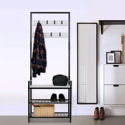 Vista 6 de HOMEKOKO Estante de almacenamiento para árbol de entrada, estante para zapatos, muebles decorativos de aspecto de madera con marco de metal, diseño