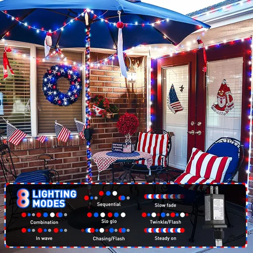 Vista 2 de JMEXSUSS Luces rojas blancas y azules con cable transparente, 66 pies, 200 luces LED para decoración del 4 de julio, luz de Navidad para celebración