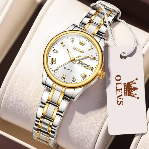 Vista 2 de OLEVS Reloj dorado para mujer con fecha de día de acero inoxidable, impermeable, de cara pequeña, de cuarzo, analógico, de moda, dorado, negro