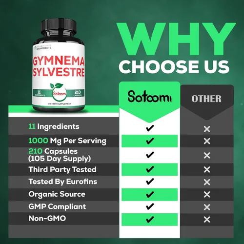 Vista 4 de Satoomi 1000mg Gymnema Sylvestre Suplementos - 210 Cápsulas - Extracto de Gymnema 20:1 con berberina HCl, Quercetina y más - Apoyo para la salud