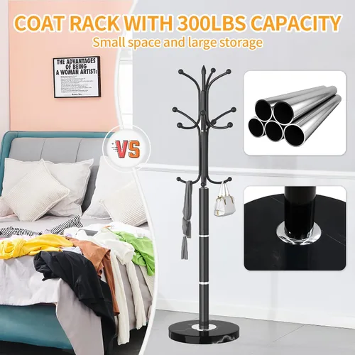 Vista 3 de Snaikor Perchero de metal independiente, soporte de perchero resistente con base de mármol natural, árbol de abrigos modernos en negro para colgar