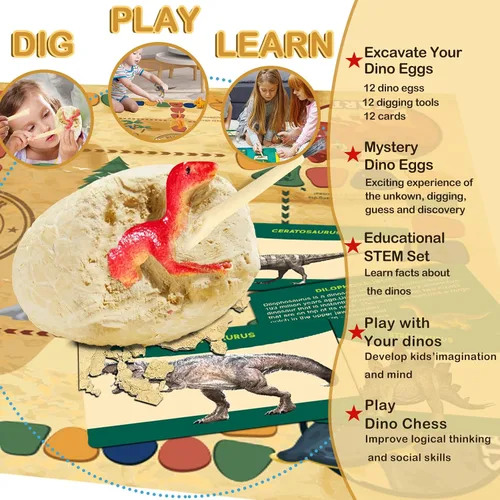 Vista 2 de Huevos fósiles de dinosaurio Juguetes de dinosaurio - 12 huevos de dinosaurio Kit de excavación con alfombrilla de juego para niños de 5 a 7 años