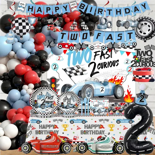 Vista 2 de Dos decoraciones de cumpleaños de 2º cumpleaños de auto de carreras rápidas, incluyen plato, taza, servilleta, telón de fondo, pancarta, mantel