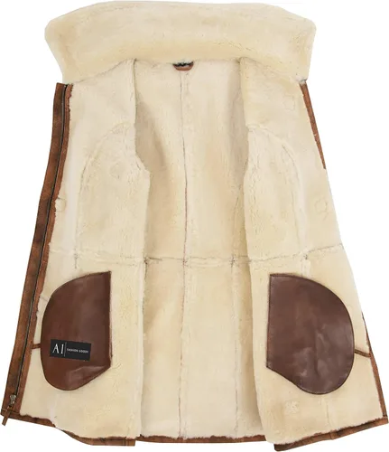 Vista 7 de Abrigo de piel de oveja auténtica para mujer 34 largo con capucha Cognac Shearling chaqueta armas