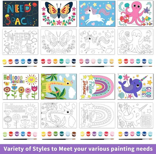 Vista 3 de goldentime Juego de 8 lienzos predibujados de 5 x 7 pulgadas, pintura por números para niños, 48 pinturas, 8 pinceles, 2 caballetes, kit de pintura