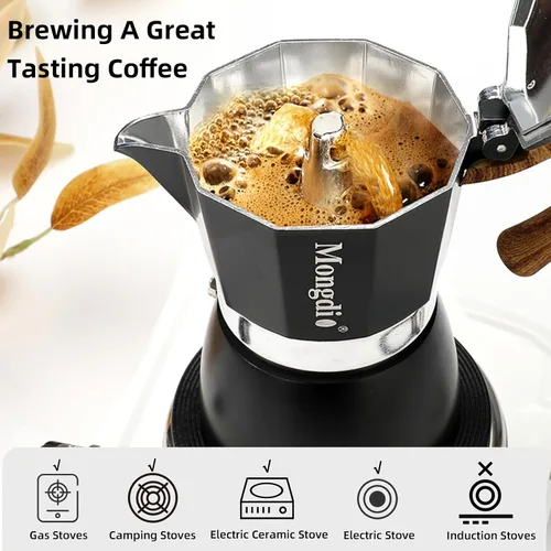 Vista 3 de Mongdio Cafetera de café expreso Moka Pot, cafetera cubana, cafetera de estufa Moka Italian Espresso Greca, cafetera percoladora, 3 tazas de Negro