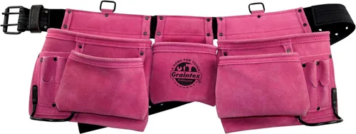 Vista 3 de Graintex Cinturón de herramientas de cuero de gamuza profesional de 11 bolsillos, bolsa de herramientas, color verde lima, cinturón de cuero/correa