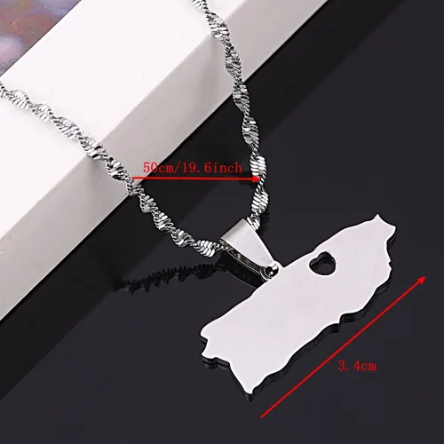 Vista 4 de Collar con colgante de mapa de Puerto Rico de acero inoxidable de plata y joyería de mapa de puertorriqueños, Acero inoxidable