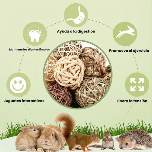 Vista 4 de Bolas de hierba masticables de conejito, juguetes masticables rodantes para animales pequeños, mejora la salud dental, juguetes masticables