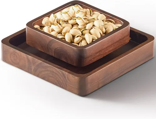 Vista 6 de FANATU Tazón de aperitivos de madera con almacenamiento de cáscara, cuenco de nueces con soporte doble para semillas de girasol, cacahuetes Marrón