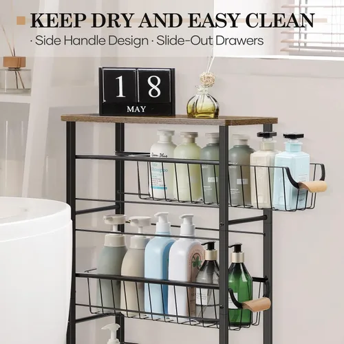 Vista 4 de Shinoske Carrito de almacenamiento delgado y rodante, carrito de cocina con ruedas de 4 niveles, carrito utilitario estrecho con cesta extraíble