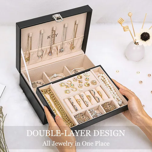 Vista 3 de KCY Organizador de joyas para mujeres y niñas, estuche grande de cuero sintético con soporte de exhibición de 2 capas y bandeja extraíble