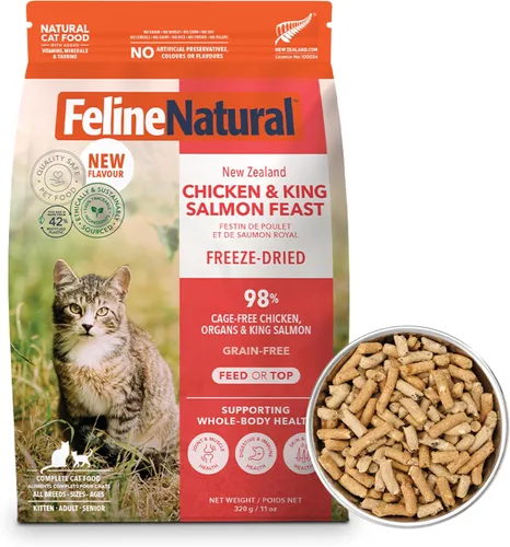 Vista 14 de Alimento para gatos seco de alta proteína Feline Natural, dieta liofilizada con 98% de carne, órganos y mariscos, sin guisantes, granos o aditivos