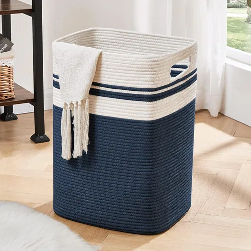 Vista 15 de OIAHOMY - Cesta de lavandería de 91L, cesta de lavandería XXXL, cesta plegable de cuerda de algodón, cesta de almacenamiento tejida para mantas Negro