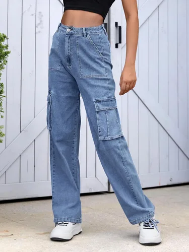 Vista 3 de ZMPSIISA Pantalones cargo de cintura alta para mujer, pantalones casuales de pierna ancha, 6 bolsillos, pantalones militares de combate