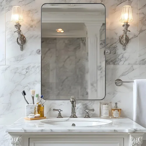 Vista 17 de Espejo giratorio Moon Mirror de oro cepillado, espejo inclinable de latón para tocador rectangular para baño, medidas totales 24.33 x 28 pulgadas