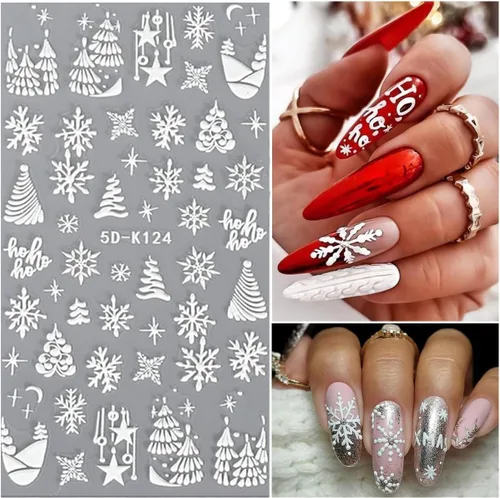 Vista 4 de 8 hojas de calcomanías de uñas de Navidad, copos de nieve 5D en relieve, copos de nieve blancos, árbol, alce, Navidad, invierno, diseño de copos