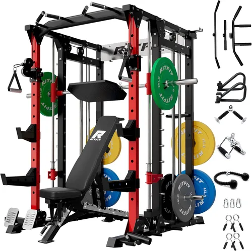 Vista 15 de RitFit Máquina Buffalo Smith, jaula eléctrica con sistema LAT-Pull Down y sistema de cruce de cables, estante de sentadillas todo en uno