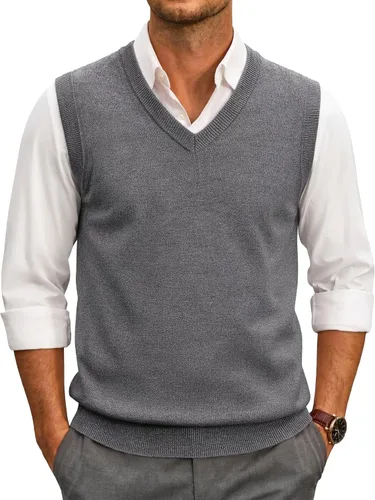 Vista 18 de COOFANDY Suéter sin mangas para hombre, chaleco con cuello en V, jersey de algodón sólido Azul claro
