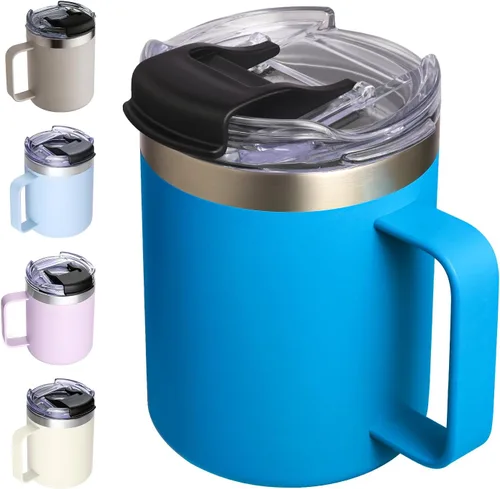 Vista 35 de Taza de café aislada de 12 onzas con asa, taza de café de viaje de acero inoxidable con tapa abatible, vaso de café de doble pared con aislamiento