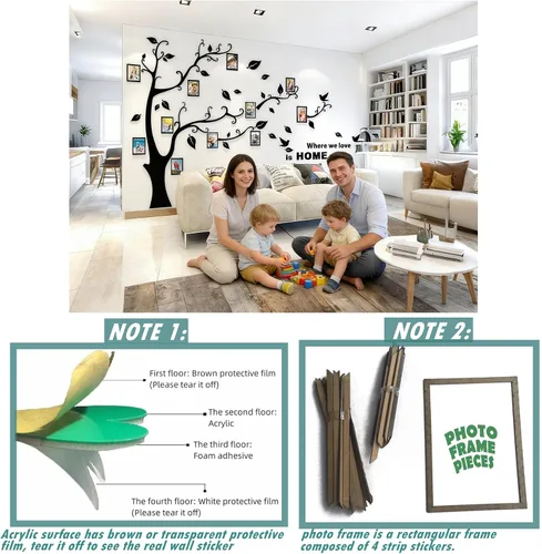 Vista 5 de Calcomanías de pared de árbol 3D - DIY, calcomanías de marcos de fotos y árbol de pared, marcos para fotos familiares, murales con calcomanías