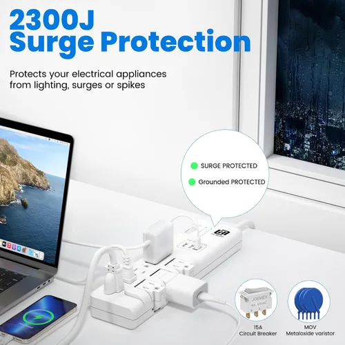 Vista 6 de Protector de sobretensiones USB con tomas giratorias, 3 tomas de corriente y 5 tomas estándar, protección contra sobretensiones 2300J, 3 puertos USB