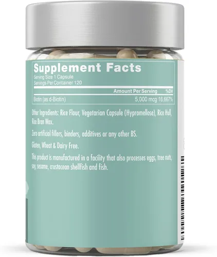 Vista 8 de Suplemento Biotin 0.00017 oz, 120 cápsulas vegetarianas (para el crecimiento del cabello, piel y uñas)