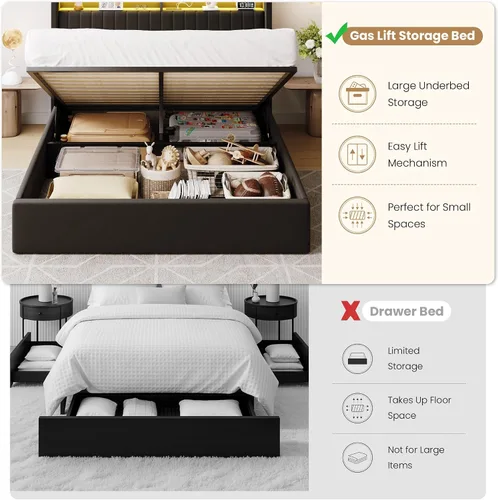 Vista 4 de SHA CERLIN - Estructura de cama de tamaño matrimonial con almacenamiento elevado/Luces LED/Estación de carga/Cabecero con estantes de 2 niveles/USB