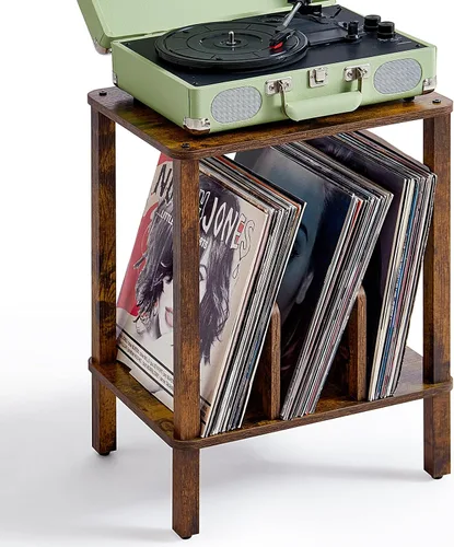 Vista 12 de LELELINKY Soporte para tocadiscos de 2 niveles con almacenamiento de discos de vinilo hasta 100 álbumes, soporte para discos de dormitorio y mesa