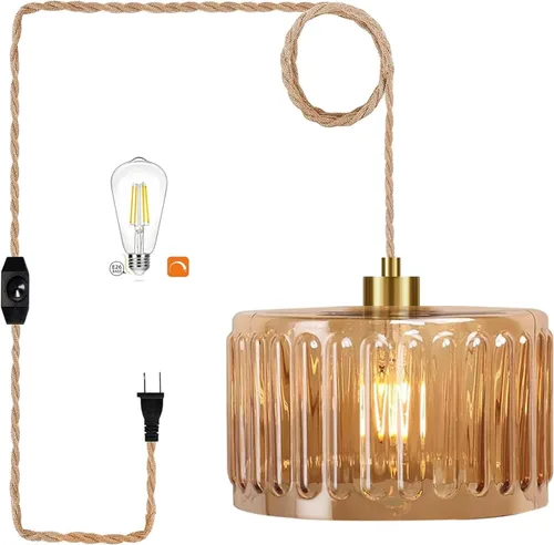 Vista 12 de Lámpara colgante de ratán para enchufar, con cable de enchufe, lámpara colgante de bambú regulable, tejida a mano estilo bohemio, pantalla