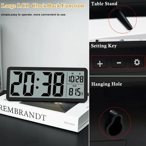 Vista 5 de Reloj de Pared LCD Digital Fácil de Configurar, Pantalla LCD de 8.5 Pulgadas con Pantalla de Hora/Fecha/Temperatura, Reloj de Escritorio Digital