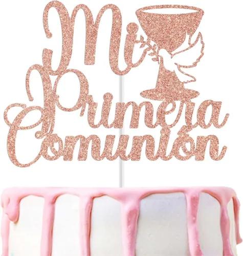 Vista 9 de Mi Primera - Decoración para tartas de comunión, decoración de pastel de la primera comunión española, suministros de decoración de fiesta de Dorado