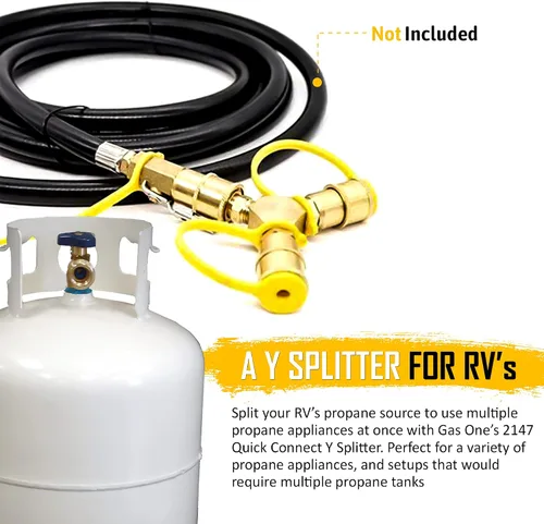 Vista 6 de Gas One Adaptador divisor en Y de propano de conexión rápida de 1/4 pulgadas para remolque de RV y manguera de propano de conexión rápida Conéctate