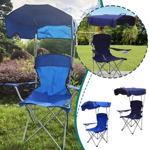 Vista 2 de Silla de camping plegable portátil con toldo ligero toldo para campamento (azul)