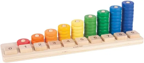 Vista 2 de Kaplan Early Learning - Tabla de madera natural para apilar y clasificar con discos de conteo coloridos y cuadrados de doble cara con números del 1