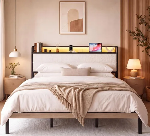 Vista 10 de LIKIMIO - Base de cama Queen con cabecero, luces LED y estación de carga