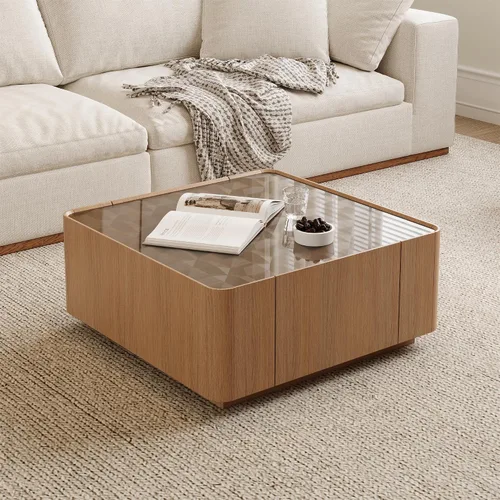 Vista 12 de SSLine Mesa de centro cuadrada con 4 cajones de almacenamiento, mesa de centro de madera negra de 33.2 pulgadas para sala de estar, mesas centrales