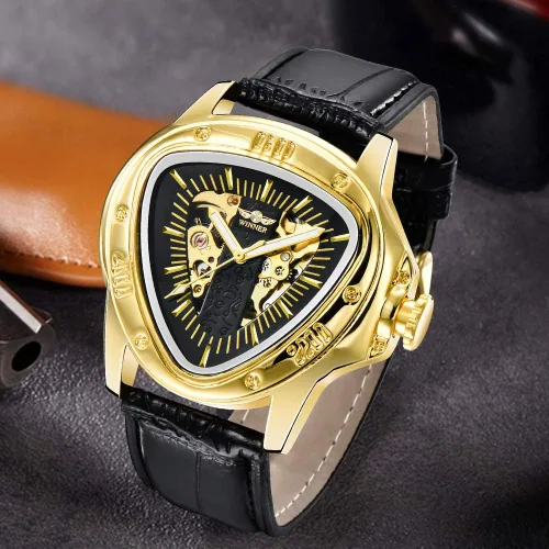 Vista 3 de BOSNI Triangle Skeleton Watch for Men Mechanical Automatic Wristwatch Sport Stainless Steel Mens Watches