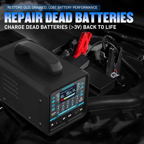 Vista 4 de Cargador de batería de coche de 12V 24V 0-20A resistente, cargador inteligente de goteo y mantenimiento con apagado automático, modo de reparación e