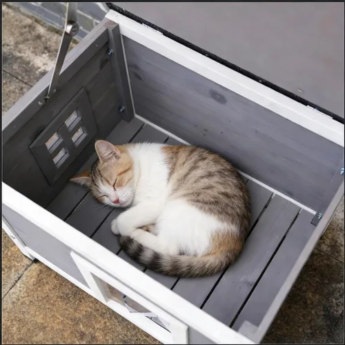 Vista 6 de Casa de madera maciza para gatos y perros, cabaña para mascotas al aire libre para conejos, gatitos y perros pequeños, cortina resistente al viento