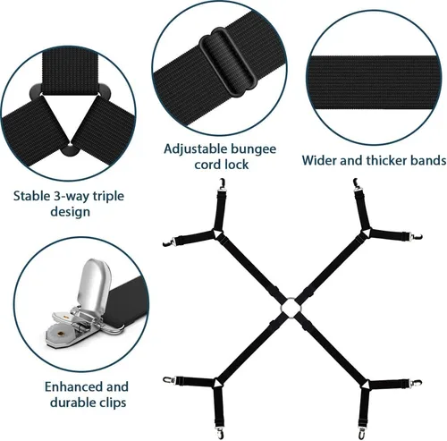 Vista 4 de Correas de cama, sujetadores, clips de sujeción, forma triangular, soporte de esquina ajustable entrecruzado para individual/Queen/King, negro