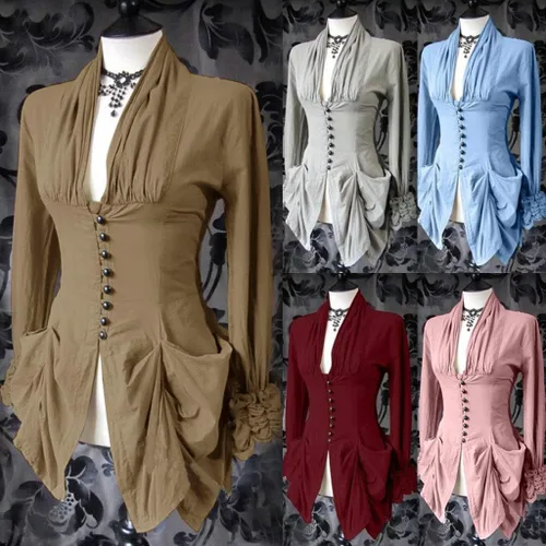Vista 6 de SHOPESSA Blusa gótica renacentista para mujer con corsé, manga abombada, camisas victorianas steampunk irregulares para disfraz de Halloween